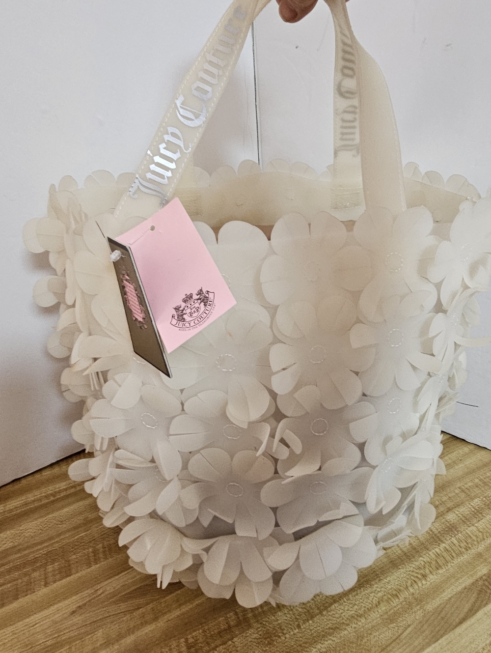NWT Juicy Couture 3D Floral Appliqué Tote Bag Cream White Logo Strap Summer Beac